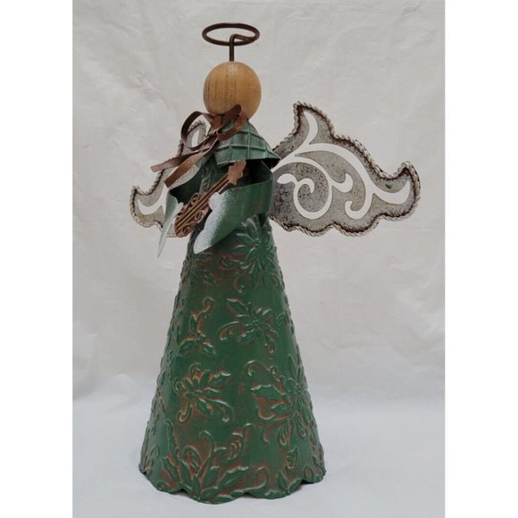 Metal Tin Angel (no face) Tree Topper Decor Wings, Instrument and Green Dress - Picture 2 of 8